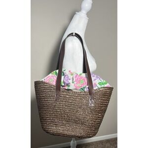 Woven Brown Bag Pink Purple Green Floral Lining West Coast Grandma